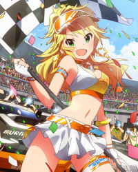 Rule 34 | 10s, 1girl, :d, armlet, audience, blonde hair, breasts, camera flash, car, checkered flag, cleavage, confetti, earrings, fingerless gloves, flag, gloves, green eyes, hoshii miki, idolmaster, idolmaster (classic), idolmaster million live!, jewelry, long hair, looking at viewer, medium breasts, midriff, motor vehicle, navel, official art, open mouth, race queen, race vehicle, racecar, racetrack, racing, skirt, smile, vehicle, visor cap