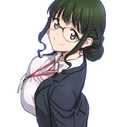 Rule 34 | 1girl, anosillus ii, black hair, black jacket, blazer, breasts, brown eyes, closed mouth, collared shirt, commentary request, dress shirt, earrings, from above, green hair, gridman universe, hair bun, heart, heart earrings, id card, jacket, jewelry, lanyard, large breasts, looking up, magaki ryouta, office lady, aged up, open clothes, open jacket, shirt, sidelocks, single hair bun, smile, ssss.dynazenon, white background