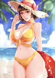 Rule 34 | 1girl, absurdres, arm behind head, bare shoulders, beach, bikini, blue sky, blunt bangs, blurry, blurry background, bow, bracelet, breasts, brown hair, cleavage, cloud, cloudy sky, cowboy shot, day, hat, hat bow, hat ribbon, highres, holding, holding swim ring, innertube, jewelry, large breasts, lens flare, looking at viewer, navel, neck ribbon, niijima makoto, o-ring, o-ring bikini, o-ring top, ocean, open mouth, outdoors, palm leaf, palm tree, persona, persona 5, polka dot, polka dot bow, red bow, red draws5, red eyes, ribbon, sand, short hair, sidelocks, signature, sky, smile, solo, straw hat, swim ring, swimsuit, thick thighs, thighs, tree, yellow bikini