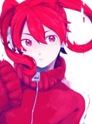 Rule 34 | 1girl, alternate color, bad id, bad pixiv id, colored eyelashes, digital dissolve, ene (kagerou project), facing viewer, headphones, highres, jacket, kagerou project, long sleeves, looking away, nukoasa, red eyes, red hair, simple background, sleeves past wrists, solo, track jacket, zipper