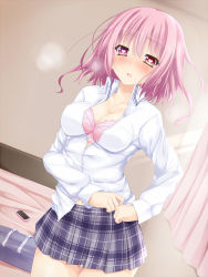 Rule 34 | 1girl, :o, bag, bed, blush, bra, breasts, breath, cellphone, cleavage, collarbone, curtains, dress shirt, heart, heart-shaped pupils, heterochromia, highres, large breasts, long hair, looking at viewer, mirei-san (suterii), open clothes, open shirt, original, phone, pink eyes, pink hair, plaid, plaid skirt, school uniform, shirt, skirt, solo, suterii, symbol-shaped pupils, underwear, undressing
