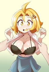 Rule 34 | 1boy, 1girl, absurdres, antenna hair, black bra, blonde hair, blush, bra, breasts, colored skin, dan-chan, embarrassed, hair ornament, hetero, highres, large breasts, looking at another, looking at viewer, lucyfer, open clothes, open mouth, open shirt, original, shiny skin, short hair, simple background, standing, sweat, tears, underwear, undressing, undressing another, upper body, white background, white skin, yellow eyes