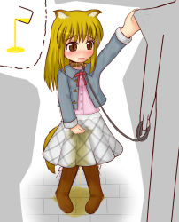 Rule 34 | 1boy, 1girl, animal ears, arm up, between legs, blonde hair, blue jacket, blush, boots, brown eyes, brown footwear, closed mouth, clothes tug, collar, crying, dog ears, dog tail, embarrassed, flat chest, full body, grey skirt, hand between legs, have to pee, holding, inatoto, jacket, leash, long hair, long sleeves, neck ribbon, nose blush, original, outstretched arm, peeing, peeing self, pigeon-toed, pink shirt, plaid, plaid skirt, pleated skirt, puddle, red ribbon, ribbon, shirt, skirt, solo focus, speech bubble, standing, tail, tears, trembling, urine meter, wavy mouth, wet, wet clothes