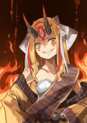 Rule 34 | 1girl, absurdres, bare shoulders, blonde hair, breasts, collarbone, earrings, eyeliner, facial mark, fangs, fate/grand order, fate (series), fire, forehead, forehead mark, grin, hair pulled back, hair ribbon, highres, horns, ibaraki douji (fate), japanese clothes, jewelry, kimono, long hair, looking at viewer, makeup, off shoulder, oni, oni horns, pointy ears, ribbon, sash, slit pupils, small breasts, smile, tattoo, tyone, white ribbon, yellow eyes, yellow kimono