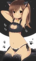 Rule 34 | 10s, 1girl, animal ears, bell, blush, breasts, brown eyes, brown hair, cat cutout, cat ears, cat lingerie, choker, cleavage, cleavage cutout, clothing cutout, fujisaki hikari, i-401 (kancolle), jingle bell, kantai collection, looking at viewer, meme attire, navel, panties, ponytail, short ponytail, side-tie panties, small breasts, solo, tan, tanline, thighhighs, underwear, underwear only
