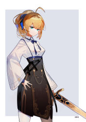 Rule 34 | 1girl, absurdres, artoria pendragon (all), artoria pendragon (fate), black skirt, blonde hair, border, casual, excalibur (fate/stay night), fate/grand order, fate (series), feishi, green eyes, grey background, highres, holding, holding sword, holding weapon, long hair, ponytail, saber (fate), shirt, skirt, solo, sword, weapon, white border