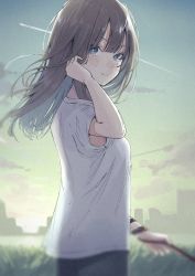 Rule 34 | 1girl, absurdres, aircraft, airplane, amane kashiko, black hair, cloud, contrail, green eyes, hand in own hair, highres, holding, holding leash, idolmaster, idolmaster cinderella girls, leash, long hair, looking to the side, outdoors, shibuya rin, shirt, short sleeves, sky, smile, solo, t-shirt, white shirt