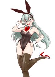 Rule 34 | alternate costume, animal ears, aqua eyes, aqua hair, bad id, bad twitter id, black leotard, bow, bowtie, brown thighhighs, commentary request, detached collar, fake animal ears, feet out of frame, hair ornament, hairclip, kantai collection, leotard, long hair, looking at viewer, playboy bunny, rabbit ears, rabbit tail, red bow, red bowtie, simple background, solo, standing, standing on one leg, suzuya (kancolle), tail, thighhighs, udukikosuke, v, white background, wrist cuffs