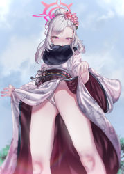 Rule 34 | +++, 1girl, :o, absurdres, blue archive, blush, breasts, cameltoe, cloud, commentary request, feet out of frame, flower, from below, fur collar, grey hair, groin, hair bun, hair flower, hair ornament, half-closed eyes, halo, highres, japanese clothes, kimono, lifting own clothes, long hair, looking at viewer, mutsuki (blue archive), mutsuki (new year) (blue archive), nose blush, obi, open mouth, outdoors, panties, purple eyes, sash, shuru y, single hair bun, small breasts, solo, standing, underwear, white panties