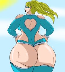 Rule 34 | 1girl, artist request, ass, back, backboob, blonde hair, blue eyes, breasts, capcom, clothing cutout, domino mask, female focus, from behind, gradient background, hands on own hips, heart, heart cutout, highres, huge ass, large breasts, leotard, long hair, looking back, mask, muscular, rainbow mika, shiny skin, smile, solo, street fighter, street fighter v, thong, thong leotard, twintails, wrestling outfit