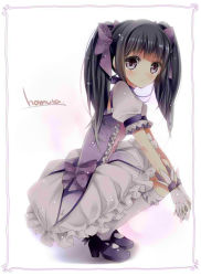 Rule 34 | 1girl, akemi homura, alternate costume, alternate hairstyle, ayumaru (art of life), black socks, blush, bow, bubble skirt, character name, cosplay, frills, gloves, hair bow, kaname madoka, kaname madoka (cosplay), kneehighs, looking at viewer, magical girl, mahou shoujo madoka magica, mahou shoujo madoka magica (anime), own hands clasped, own hands together, purple eyes, ribbon, shirt, skirt, socks, solo, squatting, twintails, v arms, white gloves, white socks