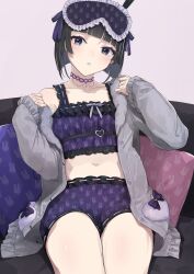 Rule 34 | 1girl, :o, atsushima, bare shoulders, black eyes, black hair, blush, cardigan, collarbone, couch, cowboy shot, dot nose, eye mask, frilled shirt, frilled shorts, frills, fur-trimmed cardigan, fur trim, grey cardigan, head tilt, highres, legs together, long sleeves, looking at viewer, mask, mask on head, midriff, navel, nijisanji, off shoulder, open cardigan, open clothes, open mouth, pillow, purple shirt, purple shorts, shirt, short hair, shorts, sidelocks, sitting, sleep mask, sleeveless, sleeveless shirt, solo, stomach, teeth, thighs, tsukino mito, virtual youtuber