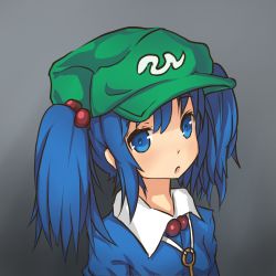 Rule 34 | 1girl, :o, blue eyes, blue hair, hair bobbles, hair ornament, hat, highres, kawashiro nitori, key, long sleeves, looking at viewer, matching hair/eyes, nya tani (py753), open mouth, shirt, short hair, solo, touhou, twintails, two side up, upper body