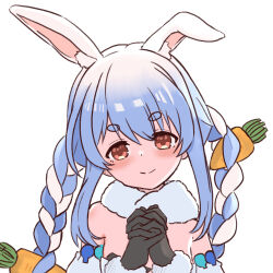 Rule 34 | 1girl, animal ear fluff, animal ears, black gloves, blush, braid, brown eyes, carrot hair ornament, closed mouth, detached sleeves, don-chan (usada pekora), dot nose, food-themed hair ornament, gloves, hair ornament, hololive, monoi10, own hands clasped, own hands together, rabbit ears, simple background, smile, solo, twin braids, upper body, usada pekora, usada pekora (1st costume), virtual youtuber, white background