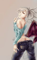 Rule 34 | 1girl, ass, bat wings, blonde hair, butt crack, demon tail, finger to mouth, from behind, jeff wang, lowleg, lowleg pants, off shoulder, pants, ponytail, red eyes, solo, tail, wings, wink