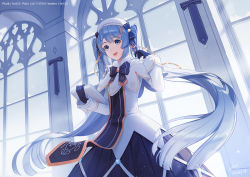 Rule 34 | 1girl, :d, beret, blue bow, blue eyes, blue gloves, blue hair, blue skirt, book, bow, capelet, chinese commentary, commentary request, dress, fen renlei, frilled sleeves, frills, gloves, hair bow, hand up, hat, hatsune miku, holding, holding book, indoors, long hair, long sleeves, looking at viewer, open mouth, pixiv id, pleated skirt, plurk username, skirt, smile, solo, teeth, twintails, twitter username, upper teeth only, very long hair, vocaloid, white capelet, white dress, white hat, window, yuki miku, yuki miku (2021)