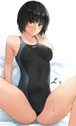 Rule 34 | 1girl, amagami, arm support, artist name, ass, bare shoulders, bed sheet, black hair, black one-piece swimsuit, blue hair, blue one-piece swimsuit, breasts, brown eyes, commentary, competition swimsuit, feet out of frame, hand on own chest, highres, light smile, looking at viewer, medium breasts, nanasaki ai, on bed, one-piece swimsuit, raised eyebrows, resolution mismatch, short hair, signature, sitting, solo, source smaller, spread legs, sweatdrop, swimsuit, two-tone swimsuit, wet, white background, yoo tenchi