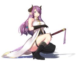 Rule 34 | 10s, 1girl, bare shoulders, black footwear, black gloves, black thighhighs, blue eyes, blush, boots, breasts, cow girl, cow horns, draph, dress, elbow gloves, female focus, fighting stance, full body, gloves, granblue fantasy, hair ornament, hair over one eye, hairclip, hayabusa, high heels, horns, katana, large breasts, long hair, looking at viewer, low-tied long hair, narmaya (granblue fantasy), parted lips, pointy ears, purple hair, simple background, single thighhigh, sleeveless, solo, squatting, sword, thigh strap, thighhighs, thighs, weapon, white background