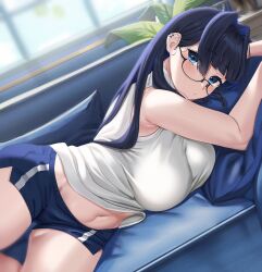 Rule 34 | 1girl, armpits, blue eyes, blue hair, blush, breasts, casual, couch, cropped, cushion, dolphin shorts, earrings, glasses, hair intakes, highres, hololive, hololive english, jewelry, large breasts, long hair, looking at viewer, lying, midriff, moisture (chichi), navel, official alternate costume, ouro kronii, plant, potted plant, shirt, shorts, sleeveless, sleeveless shirt, solo, thick thighs, thighs, virtual youtuber, window