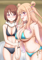Rule 34 | 2girls, blush, breasts, elf, hatsune (princess connect!), highres, large breasts, long hair, multiple girls, pointy ears, princess connect!, shiori (princess connect!), short hair, swimsuit, yue (show-ei)