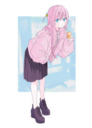 Rule 34 | 1girl, absurdres, black footwear, black skirt, blue eyes, blush, bocchi the rock!, closed mouth, coat, commentary request, cube hair ornament, drink, drinking straw, full body, gotoh hitori, hair between eyes, hair ornament, hand in pocket, hand up, highres, holding, holding drink, hood, hoodie, inset border, juice box, leaning forward, long hair, long sleeves, looking at viewer, one side up, open clothes, open coat, photo inset, pink coat, pink hair, pleated skirt, puffy long sleeves, puffy sleeves, sidelocks, skirt, solo, standing, sutera sea, thick eyelashes, vending machine, white hoodie