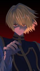 Rule 34 | 1other, androgynous, bigbread000, blonde hair, blue tabard, chain, crystal earrings, earrings, gradient background, highres, hunter x hunter, jewelry, kurapika, long sleeves, looking at viewer, multiple rings, nen (hunter x hunter), red eyes, ring, short hair, solo, tabard, upper body
