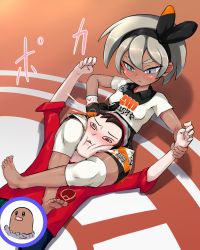Rule 34 | 1boy, 1girl, @ @, asphyxiation, barefoot, bea (pokemon), between thighs, blush, bodysuit, bodysuit under clothes, convenient censoring, creatures (company), dark skin, diglett, embarrassed, feet, game freak, gen 1 pokemon, grey eyes, grey hair, gym leader, hair ornament, half-closed eyes, highres, hitting, holding another&#039;s wrist, implied erection, leg lock, lying, nintendo, on back, pokemon, pokemon (creature), pokemon swsh, punching, short hair, strangling, submission hold, text focus, tsundere, user tfcc4254, victor (pokemon), wrestling