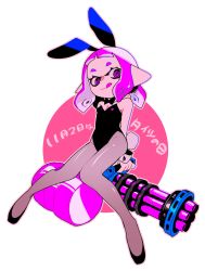 Rule 34 | 1girl, :q, animal ears, black bow, black bowtie, black footwear, black leotard, blunt bangs, bob cut, bow, bowtie, closed eyes, commentary, dated, fake animal ears, fake tail, flats, grey pantyhose, heavy splatling (splatoon), highres, holding, holding weapon, ika shicomcom, inkling, inkling girl, inkling player character, leotard, long hair, looking at viewer, nintendo, pantyhose, playboy bunny, pointy ears, purple eyes, purple hair, rabbit ears, rabbit tail, short hair, sitting, smile, solo, splatoon (series), strapless, strapless leotard, tail, tentacle hair, tights day, tongue, tongue out, translated, weapon, white background