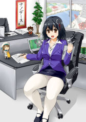 Rule 34 | 10s, 1girl, 2 fuel 4 ammo 11 steel, adapted costume, alternate costume, azumanga daiou, black hair, blush, breasts, brown eyes, building, bullet, cannon, chair, character doll, mihama chiyo&#039;s father, clipboard, computer, crotch seam, desk, drum (container), error musume, formal, girl holding a cat (kancolle), google, google chrome, haguro (kancolle), hair ornament, highres, jacket, jewelry, kantai collection, laptop, mary janes, metal, mihama chiyo&#039;s father, naka (kancolle), office, office lady, open mouth, panties, panties under pantyhose, pantyhose, pantyshot, papers, pen, pencil skirt, personification, ring, sendai (kancolle), shipyard, shoes, short hair, shoshinsha mark, sitting, skirt, skirt suit, smile, solo, suit, thick thighs, thighs, turret, underwear, upskirt, white pantyhose, window, yukitaka
