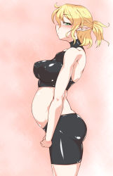 Rule 34 | 1girl, bike shorts, blonde hair, blush, breasts, covered erect nipples, green eyes, highres, looking at viewer, mizuhashi parsee, pandain, pointy ears, pregnant, profile, short hair, solo, touhou