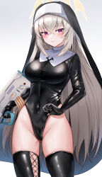 Rule 34 | 1girl, :/, absurdres, black leotard, black thighhighs, blue archive, blush, breasts, closed mouth, collared shirt, covered navel, cowboy shot, crossed bangs, elbow gloves, expressionless, fishnet thighhighs, fishnets, gloves, grey hair, groin, gun, hair between eyes, headwear request, highleg, highleg leotard, highres, holding, holding gun, holding weapon, justina follower (blue archive), large breasts, latex, leotard, leotard pull, li se, long hair, long sleeves, looking at viewer, nun, pink eyes, sakurako (blue archive), shirt, sidelocks, simple background, solo, standing, thighhighs, thighs, weapon, white background, white shirt