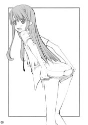 Rule 34 | 1girl, absurdres, ass, border, commentary request, dress shirt, from behind, frown, greyscale, highres, kusano kouichi, leaning forward, long hair, looking at viewer, looking back, monochrome, neck ribbon, no pants, open clothes, open mouth, open shirt, original, outside border, panties, panty pull, pulled by self, shirt, short sleeves, solo, standing, underwear, undone neck ribbon, undone neckwear, v-shaped eyebrows