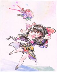 Rule 34 | 1girl, arms up, bare legs, black footwear, black hair, bouquet, bow, catching, chibi, chiganemaru (tenka hyakken), flower, fukube, japanese clothes, looking up, low ponytail, open mouth, outstretched arms, red bow, red skirt, simple background, skirt, solo, standing, standing on one leg, teeth, tenka hyakken, upper teeth only, yellow eyes