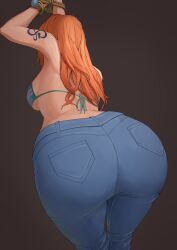 Rule 34 | 1girl, absurdres, ano (gccx8784), ass, ass focus, back, bikini, bikini top only, bound, breasts, denim, from behind, highres, huge ass, jeans, large breasts, log pose, long hair, nami (one piece), one piece, orange hair, pants, pocket, restrained, shoulder tattoo, sideboob, simple background, solo, swimsuit, tattoo, tight clothes, tight pants