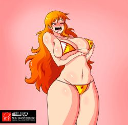Rule 34 | animated, animated gif, bikini, blush, bouncing breasts, breast expansion, breasts, bursting breasts, gigantic breasts, long hair, nami (one piece), nipples, one piece, orange hair, swimsuit, wince, witchking00