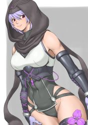 Rule 34 | 1girl, arm guards, armor, ayane (doa), bare shoulders, bodysuit, breasts, closed mouth, covered navel, dead or alive, dead or alive 6, elbow gloves, flower, gloves, highres, hood, hood up, medium breasts, ninja, pink flower, purple hair, red eyes, shigenobu, simple background, smile, solo, standing, tecmo, thigh strap