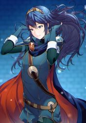 Rule 34 | 1girl, ameno (a meno0), belt, blue cape, blue eyes, blue hair, brown belt, cape, closed mouth, fire emblem, fire emblem awakening, floating hair, hands in hair, hands up, long hair, lucina (fire emblem), nintendo, red cape, solo, tiara, two-sided cape, two-sided fabric, wavy hair