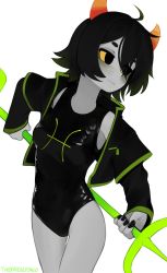 Rule 34 | 1girl, ahoge, artist name, black eyes, black hair, black leotard, black nails, breasts, colored sclera, colored skin, commentary, covered navel, cowboy shot, cropped jacket, english commentary, gradient hair, green hair, grey skin, highres, holding, holding weapon, homestuck, horns, jacket, leotard, long sleeves, looking away, multicolored hair, nail polish, open clothes, open jacket, orange horns, original, pisces (symbol), polearm, short hair, simple background, small breasts, solo, trident, troll (homestuck), weapon, white background, yellow sclera, yoako