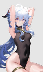 Rule 34 | 1girl, absurdres, ahoge, armpits, arms up, bell, black leotard, blue hair, blush, breasts, covered navel, ganyu (genshin impact), genshin impact, groin, highres, horns, leotard, long hair, looking at viewer, low ponytail, mangmao, medium breasts, neck bell, purple eyes, sidelocks, solo, sweat, thighs, wet, wet clothes