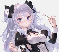 Rule 34 | 1girl, black bow, black dress, blue eyes, blush, bow, breasts, cleavage, closed mouth, commentary request, dress, dutch angle, grey background, hair bow, hands up, holding, kobuta, layered sleeves, long hair, long sleeves, looking at viewer, maid, medium breasts, mimikaki, original, puffy short sleeves, puffy sleeves, short over long sleeves, short sleeves, silver hair, simple background, smile, solo, two side up, upper body, very long hair, virtual youtuber