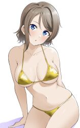 Rule 34 | 1girl, :o, arm behind back, barkhorn0331, bikini, blue eyes, breasts, brown hair, collarbone, gold bikini, head tilt, highres, large breasts, looking at viewer, love live!, love live! sunshine!!, navel, short hair, simple background, sitting, solo, stomach, swept bangs, swimsuit, thighs, watanabe you, white background