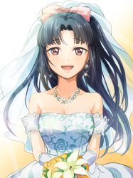 Rule 34 | 1girl, :d, bare shoulders, black hair, bouquet, bow, breasts, bridal veil, cleavage, collarbone, dress, earrings, flower, glint, hair intakes, holding, holding bouquet, idolmaster, idolmaster cinderella girls, jewelry, kakitsubata zero, looking at viewer, medium breasts, mizuno midori, necklace, open mouth, pink bow, pink eyes, smile, solo, sparkle, strapless, strapless dress, upper body, veil, wedding dress, white dress