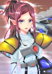 Rule 34 | 10s, 1girl, armor, blue eyes, cloud, helmet, insignia, jolly roger, looking at viewer, macross, macross: do you remember love?, macross delta, mecha, mirage farina jenius, mitaka, open mouth, pilot, pilot suit, ponytail, purple hair, robot, science fiction, serious, solo, spacesuit, u.n. spacy, variable fighter, vf-1