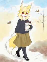 Rule 34 | 1girl, animal ear fluff, animal ears, animal nose, artist name, bare tree, black footwear, black pantyhose, black sweater, blonde hair, blue sky, blush, body fur, bright pupils, brown skirt, collarbone, dated, day, facial mark, fang, female focus, flat chest, food, fox ears, fox girl, fox tail, full body, furry, furry female, hand up, happy, high heels, highres, holding, holding food, kame (3t), leaf, long sleeves, looking at viewer, newspaper, open mouth, original, outdoors, pantyhose, path, pleated skirt, red eyes, road, roasted sweet potato, shoes, short hair, signature, sketch, skirt, sky, smile, snout, solo, standing, sweater, sweet potato, tail, thick eyebrows, tree, two-tone fur, walking, whisker markings, white fur, white pupils, wide-eyed, yellow fur, yhun-chan (kame (3t))