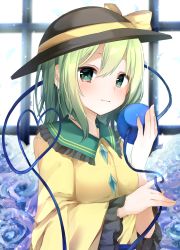 Rule 34 | 1girl, absurdres, black hat, blush, bow, breasts, commentary request, frilled shirt collar, frilled sleeves, frills, green eyes, green hair, hair between eyes, hand up, hat, hat bow, heart, heart of string, highres, karasusou nano, koishi day, komeiji koishi, light smile, long sleeves, looking at viewer, short hair, small breasts, solo, third eye, touhou, upper body, wide sleeves, yellow bow