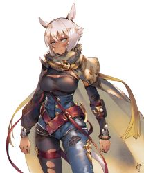 Rule 34 | 1girl, absurdres, animal ears, belt, black bodysuit, blush, bodysuit, breasts, buttons, cape, cat ears, cat girl, cat tail, closed mouth, commentary request, cosplay, dark-skinned female, dark skin, facial mark, final fantasy, final fantasy xiv, granblue fantasy, highres, hjz (artemi), ilsa (granblue fantasy), ilsa (granblue fantasy) (cosplay), lips, long sleeves, looking at viewer, medium breasts, miqo&#039;te, short hair, signature, silver hair, simple background, skin tight, solo, tail, torn clothes, turtleneck, white background, y&#039;shtola rhul