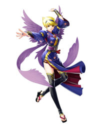Rule 34 | 1girl, angel wings, black thighhighs, blonde hair, bracer, breasts, breath of fire, breath of fire ii, breath of fire iii, capcom, company connection, green eyes, hairband, highres, hinata gureko, japanese clothes, kimono, multiple wings, nina (breath of fire ii), nina (breath of fire iii), official art, onimusha soul, sandals, short hair, simple background, smile, solo, thighhighs, toeless legwear, toes, white background, white wings, wings