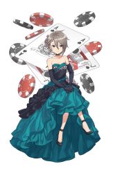 Rule 34 | 1girl, ace (playing card), ace of spades, ange (princess principal), aqua dress, bare shoulders, black footwear, black gloves, blue eyes, braid, breasts, card, choker, closed mouth, collarbone, dress, elbow gloves, female focus, formal, full body, gloves, grey hair, hair between eyes, high heels, highres, jack (playing card), jack of spades, long dress, looking at viewer, neck, official art, own hands together, playing card, poker chip, princess principal, princess principal game of mission, shoes, short hair, sitting, small breasts, smile, solo, spade (shape), strapless, strapless dress, transparent background