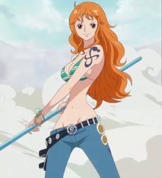 Rule 34 | 1girl, bare arms, bare shoulders, belt, belt buckle, bikini, bikini top only, black eyes, bracelet, breasts, brown eyes, buckle, cleavage, closed mouth, cloud, cowboy shot, denim, female focus, fishman island, groin, highres, hip focus, holding, holster, jeans, jewelry, large breasts, legs, legs apart, long hair, looking at viewer, lowleg, lowleg pants, medium breasts, nami (one piece), narrow waist, navel, one piece, orange hair, outdoors, pants, pirate, polearm, shoulder tattoo, sideboob, sky, smile, smoke, solo, staff, standing, striped bikini, striped clothes, swimsuit, tattoo, thighs, weapon