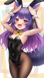 Rule 34 | .live, 1girl, absurdres, alternate costume, animal ears, armpits, arms up, awai shiro, blush, breasts, collarbone, fake animal ears, fangs, fingernails, highres, leotard, looking at viewer, navel, open mouth, pantyhose, playboy bunny, purple hair, rabbit ears, rurun rururica, simple background, small breasts, solo, sweat, tail, virtual youtuber, wolf ears, wolf tail
